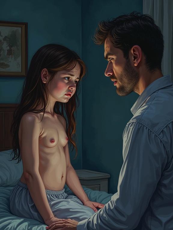 Realistic colored pen drawing. Side view of a scared, tearful, angry, and wincing high school girl in a dark bedroom. Barechested, hands on sides. Middle-aged man present.