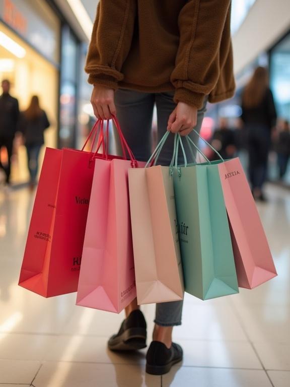 Person holding multiple shopping bags from different stores in a shopping mall. Stores include Victoria's Secret, Alo, and Aritzia. Background shows other shoppers.