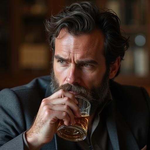 Image features a man with grey beard enjoying whiskey in a cozy setting. The man has a classy appearance and is dressed in an elegant outfit. A whiskey glass held in hand highlights the moment of indulgence.