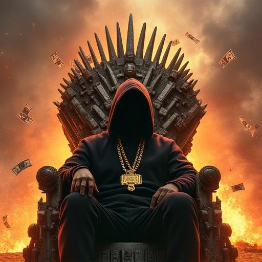 City burning in the background. Silhouette of a hooded rapper sitting on a throne. Golden chains around the rapper's neck. Elements of graffiti and armor in the scene. Banknotes flying through air. Fiery sparks around the character. Inscriptions read 'Stronger Than Ever'.