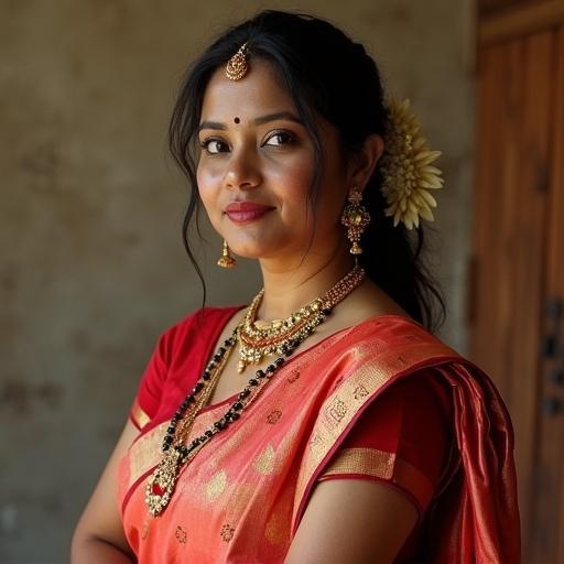 Image of an Indian woman wearing a traditional pink and gold saree. She has elegant jewelry and a flower in her hair. The setting appears warm and inviting.