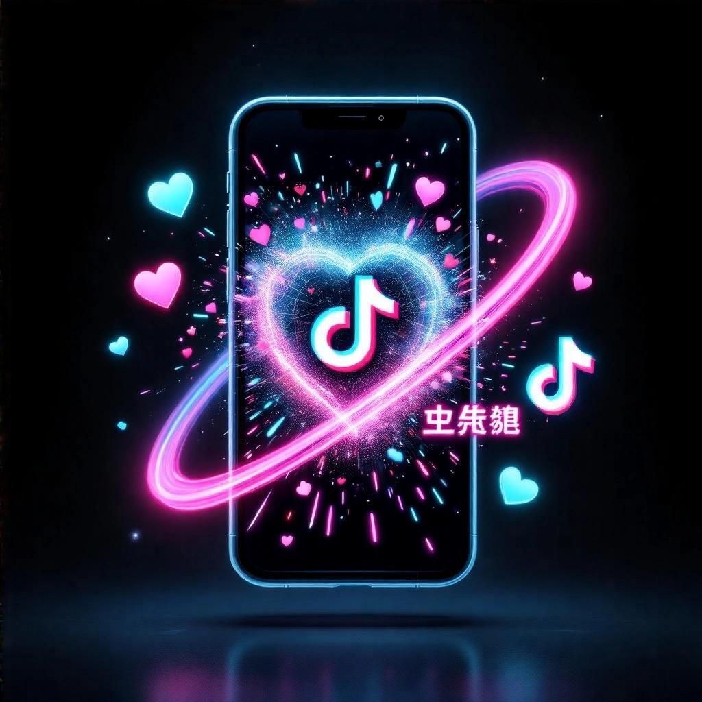 Vertical poster design featuring a hyper-realistic floating smartphone. Midnight black background enhances the glowing elements. The smartphone screen bursts with holographic AR filters and neon stickers. Surrounded by cyan-magenta gradient rings. Cityscape silhouette in duotone adds depth. Chinese text glows electric violet with chrome. Dynamic light streaks form TikTok note. Cinematic lighting creates a striking visual.