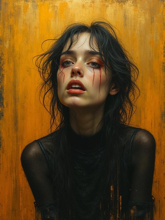 Stunning portrait capturing an expressive figure with an unsettling landscape. Subject exhibits disappointment and astonishment. Warm amber and gold hues blend with stark contrasts. Background features moving abstract patterns.