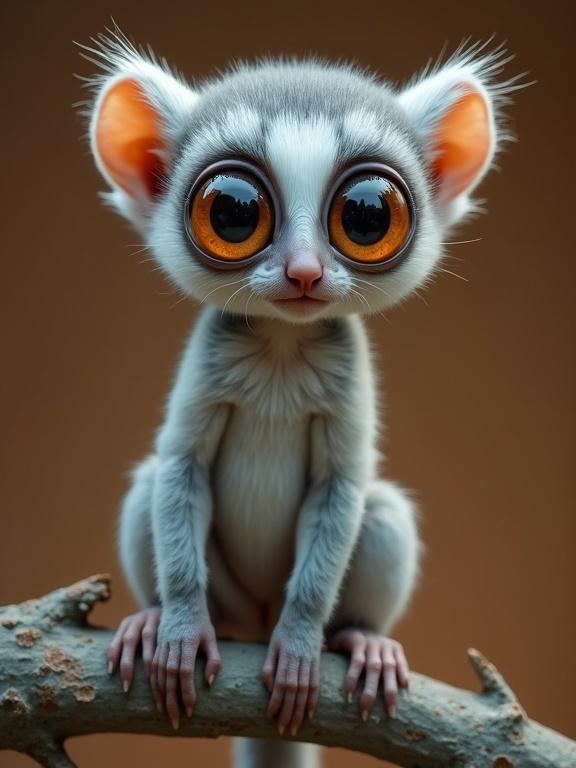 A small, fantastical primate-like creature sits upright on a branch. It has large, round amber-orange eyes and a velvety light blue-gray body. The ears are triangular and furry. Its hands and feet grip the branch tightly. The background is a smooth, warm brown gradient, enhancing the creature's features.