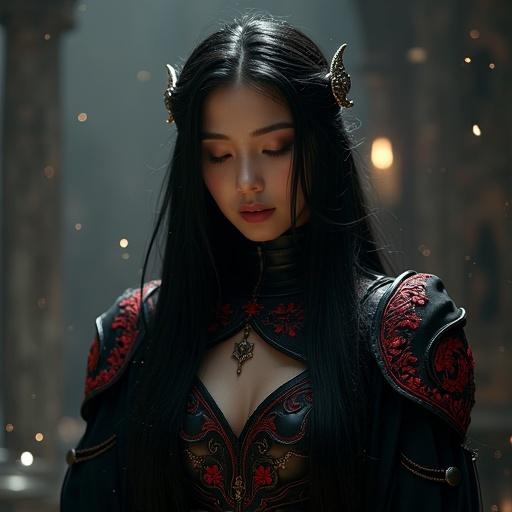 Stunningly beautiful young woman with long black hair in intricate gothic armor. Armor features deep crimson embroidery and crescent moon crown. Curvy figure with porcelain skin. Nervous pose in a dark throne room with moonlight. Magical particles surround her. Hyper-realistic details and natural expressions.
