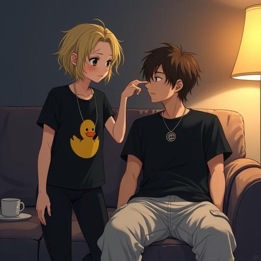 Anime scene of a girl and a man. Girl with short curly blond hair touches man’s nose. Man leans back against a couch. Dimly lit living room with table lamp. Wavy brown hair for man. Both characters in casual clothing. Cozy atmosphere with shadows and teacups.