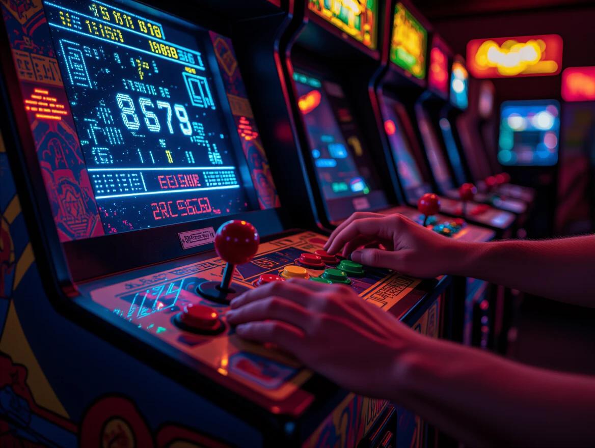 Explore a vintage arcade machine in detail. Close view of hands gripping the joystick. Colorful buttons are being pressed. The CRT screen displays pixelated arcade gameplay. Dark ambient arcade lighting adds atmosphere. The neon reflects on the glossy machine surface. Worn decals and coin slots are visible. The screen glows softly on the hands and buttons. High detail and photorealistic texture create a nostalgic vibe.