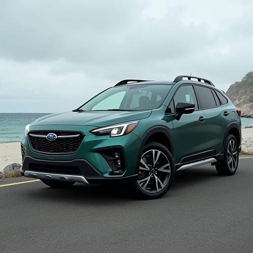 2025 Harbor Cape vehicle on a coastal road. The design features a striking Nor’easter Green finish with modern LED headlights and a bold front. Roof with black rails and kayak mounts. Taillights display a unique C-shaped LED pattern. A perfect blend of aesthetics and functionality.