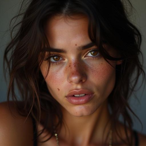 Young woman with dark skin. Hair is wavy. Eyes are hazel. She has freckles and full lips. The image captures her natural beauty.