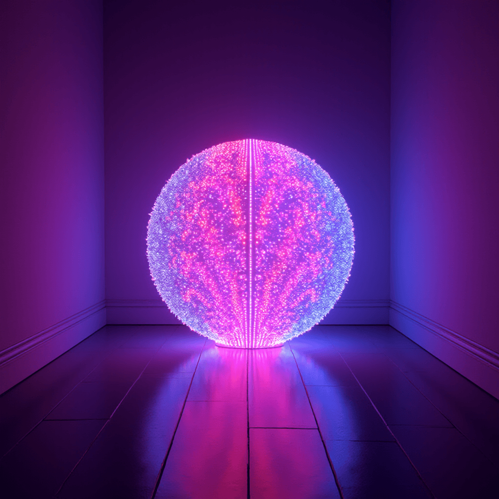 A glowing, ethereal sphere radiating colorful light against a wall, casting vibrant reflections.