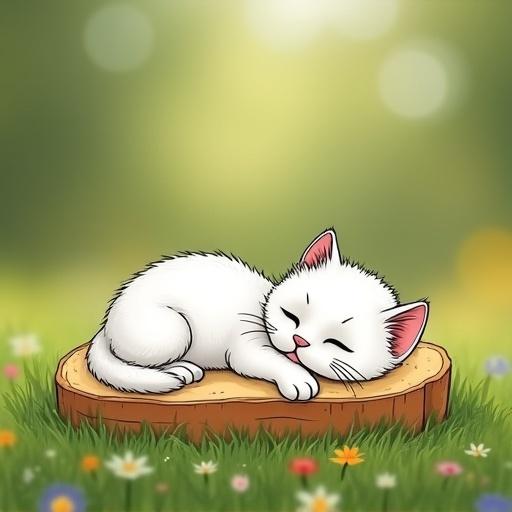 Hand-painted illustration of a white kitten lying on its belly on a piece of bread. Kitten has a simple black outline and is set against a blurred background. Dynamic outdoor setting with flowers in the foreground and soft bokeh effect.