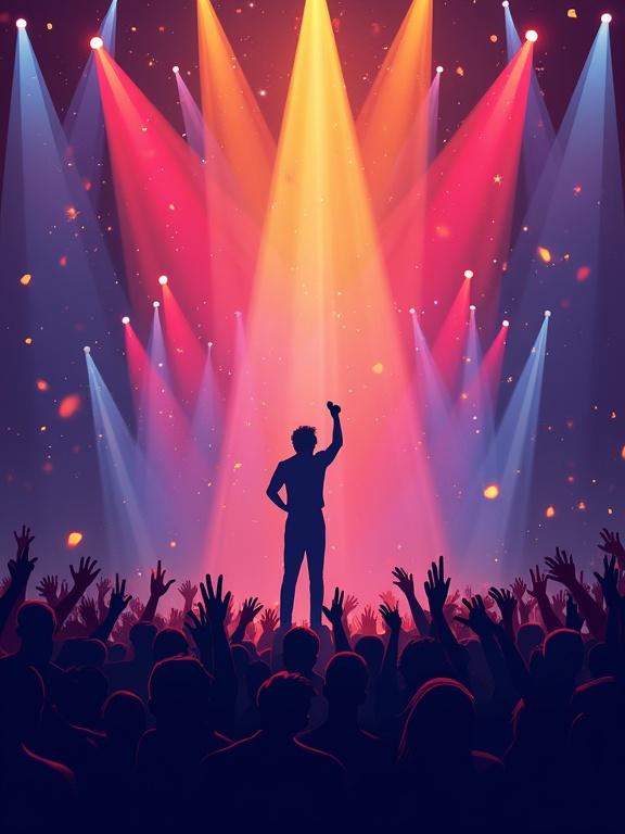 Design a colorful poster for a singing competition. Include music elements intended to evoke a grand atmosphere around the event.