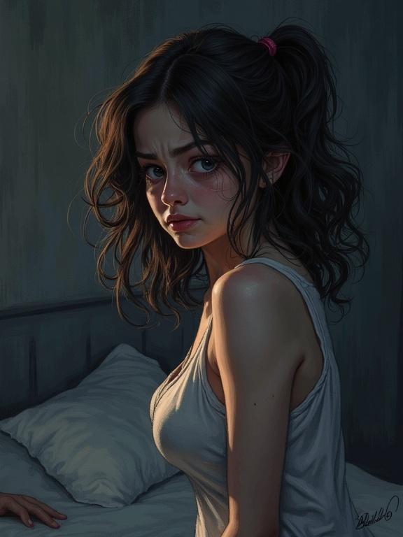 Realistic colored pen drawing of a scared, tearful, angry teenage girl in a dark bedroom. Side view, hands on sides, barechested, curly hair. Emotional expression in front of an implied presence.