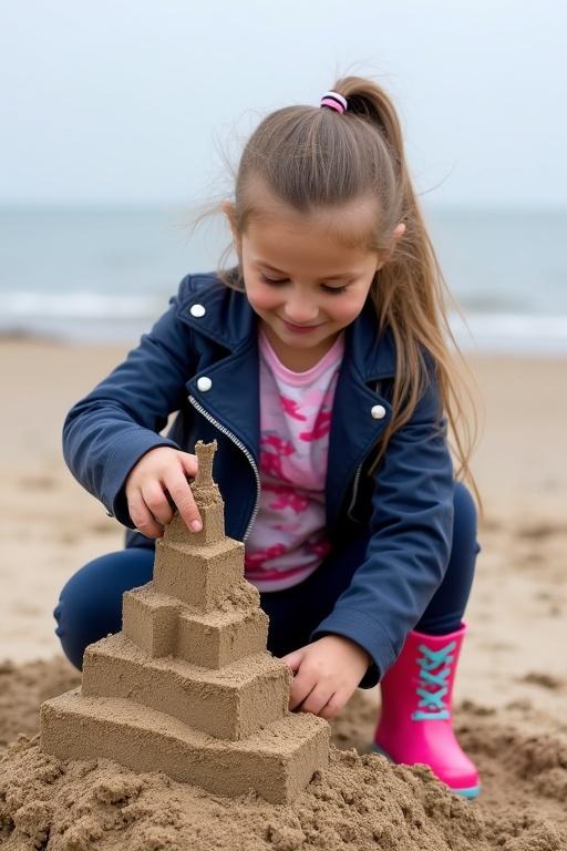 A girl builds a large sandcastle at the beach. She is wearing a navy blue biker jacket and a pink camouflage shirt. Long dark blonde hair is styled in a ponytail. She also wears navy blue tracksuit pants and pink wellies with light blue laces.