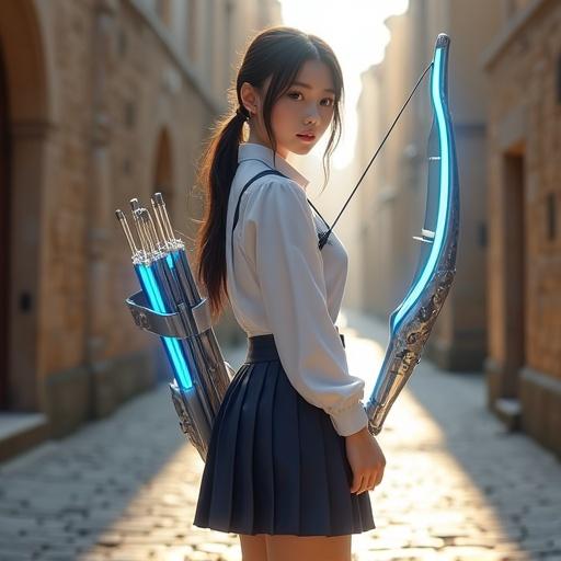 Realistic depiction of a high school girl archer in medieval European city. She wears a modern Japanese school uniform with a white blouse and navy skirt. Carries a futuristic energy bow with a glowing neon blue bowstring. Stands on cobblestone street with calm expression. Beautiful morning light enhances details.