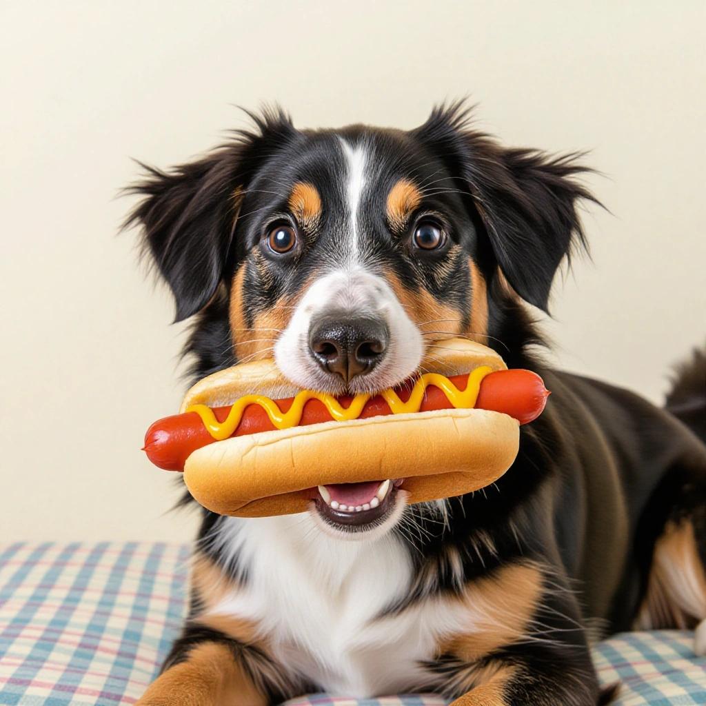 A dog holding a hotdog with mustard and ketchup. The dog looks happy and playful. The setting is indoors with a simple background.