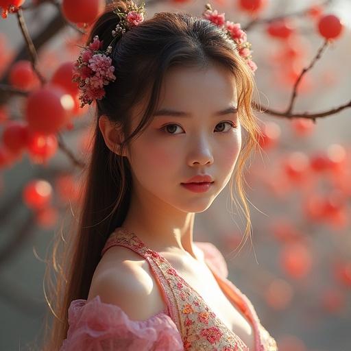 A portrait of a young woman with long hair and floral accessories. She has a soft expression and is surrounded by vibrant berries in a natural setting.