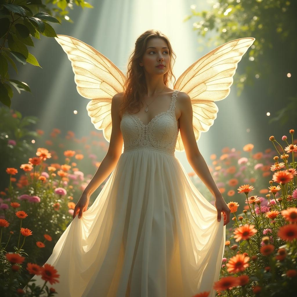 A female figure with butterfly wings stands in a vibrant flower field. Soft light filters through the trees, creating a magical atmosphere.