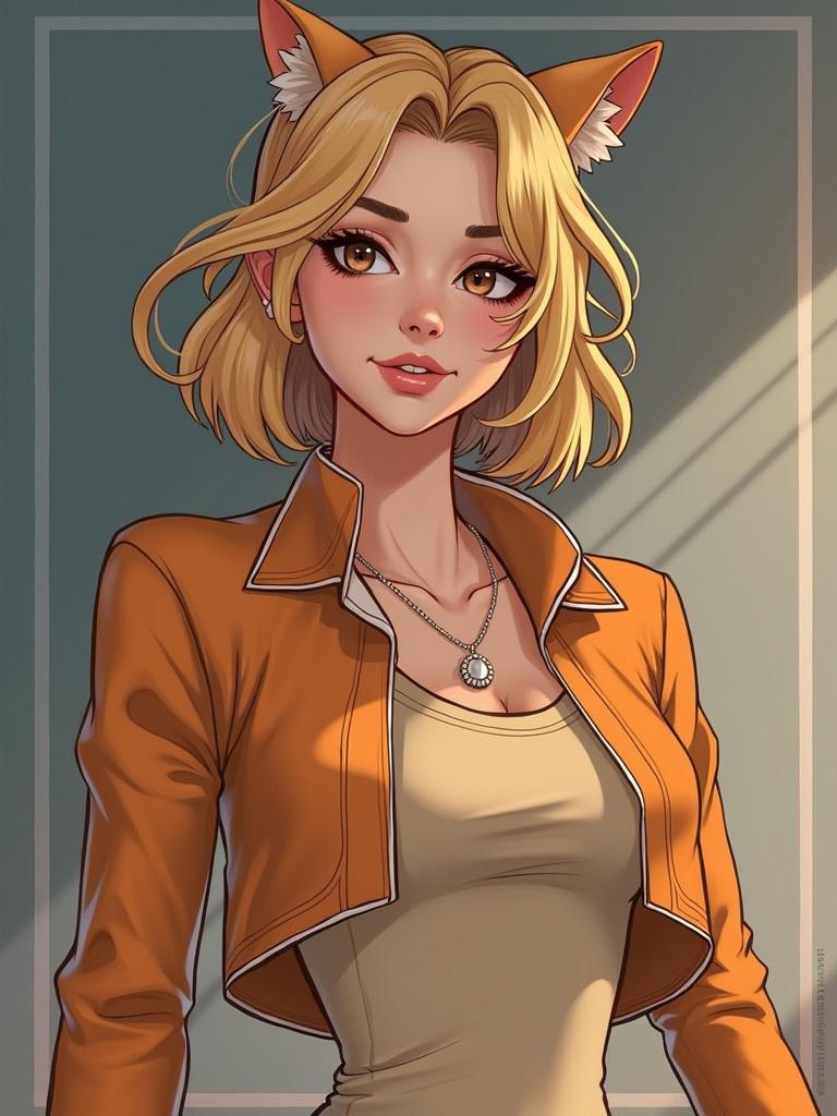 Stylized portrait of a character with orange jacket and blonde hair. Character has fox-like ears. Soft lighting creates a warm atmosphere.