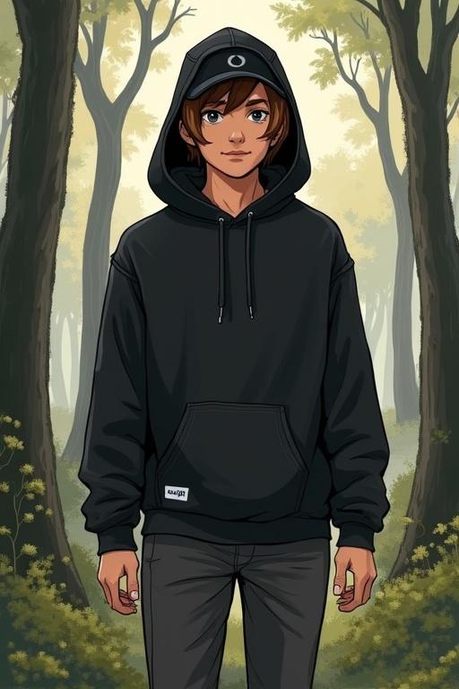 Character with brown hair in a black hoodie and black pants stands in a forest. Character wears a black cap and watch. Surrounded by trees and soft lighting.
