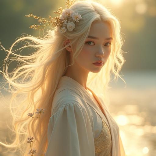A portrait of an ethereal young woman standing by a misty lake at sunrise. She has flowing pale golden hair and wears white and gold ceremonial robes. The background is softly blurred with hints of greenery. Her expression is serene and compassionate, embodying a sacred light.