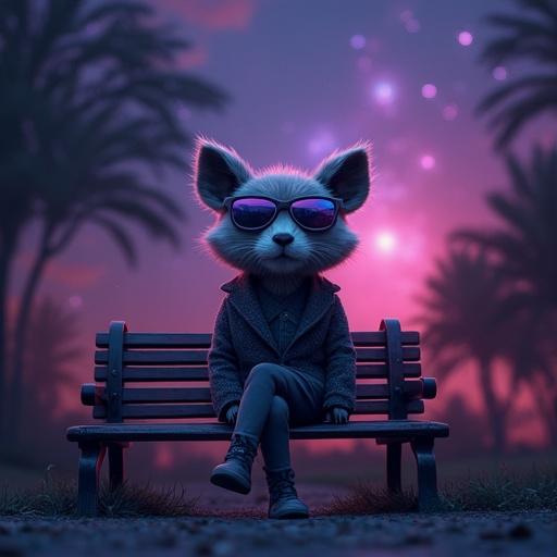 Dark scene features a cute dapper animal person seated on a park bench. This character sports futuristic sunglasses and is set against a stunning RGB nebula sky. Designed as a captivating music album cover.