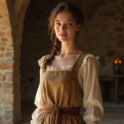 A young woman in a medieval fantasy world stands inside a rustic cottage. She has warm brown eyes, a gentle smile, and pale skin with freckles. Her chestnut hair is braided and framed by soft strands. Wearing a modest linen dress and an apron, she exudes warmth and kindness. The scene is lit by soft sunlight and candlelight, creating a serene atmosphere.