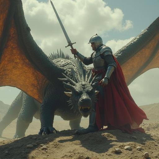 A knight stands with one foot on a wounded dragon. The knight raises a sword above the dragon. The setting features a cloudy sky with a dramatic atmosphere.