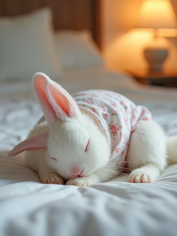 A cute white baby rabbit sleeps on a cozy bed. The rabbit wears soft floral pajamas. The bedroom has warm lighting from a lamp. The rabbit is laying on its side with eyes closed. A thin pile of poop is subtly visible on the bed. A nightstand with a lamp and soft pillows are in the background.