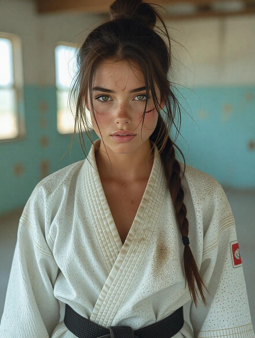 Realistic image of an athletic woman in a worn karate gi. Face shows dirt and bruises. Hair is untidy and there is visible sweat. Image focuses on her expression and training effort.