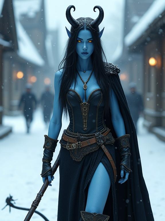 High fantasy aesthetic with a beautiful young devil woman. She has a slender blue body and long black hair. Curled horns emerge from her hair. A barbed tail is behind her. She wears a sleeveless corset dress with a split skirt and traveling boots, layered with a heavy black cape. Snow covers the scene as she walks through a medieval town holding a heavy lance wrapped in cloth.