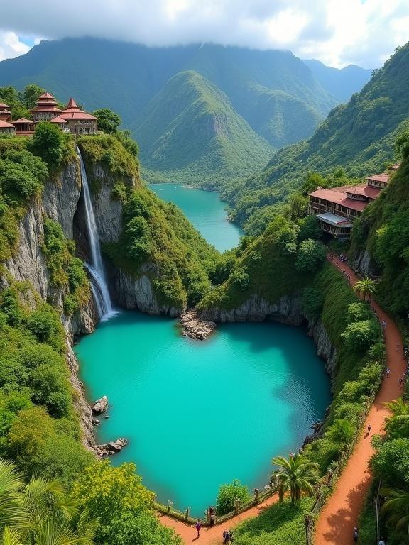 Stunning landscape of heart-shaped lake with vibrant turquoise water surrounded by lush mountains and steep cliffs. Buildings with red-tiled roofs visible near the lake. A winding reddish-brown path encircles the lake with people walking. Waterfall cascades down the cliff on the left. Green vegetation and mist-covered mountains in the background create a serene setting.
