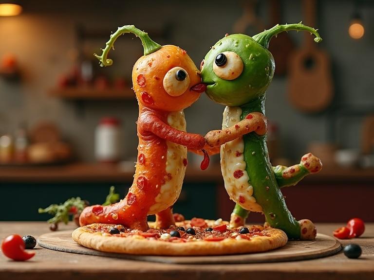 A whimsical humanoid character made of pizza toppings kisses another pizza character. The first character has an orange color and the second character is green. They have melted cheese joints and are posed on a pizza peel. The background shows a rustic kitchen counter with scattered ingredients. The lighting is warm and inviting. The characters are detailed in a playful style.