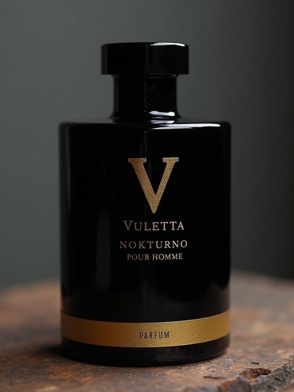Fragrance bottle with a black and gold design. Label reads 'VULETTA NOKTURNO' and 'POUR HOMME' in smaller font. 'PARFUM' in gold foil at the bottom. Captures an elegant and refined aesthetic.