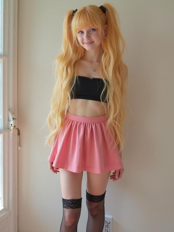 A teen with long blonde hair styled in twin tails. She wears a black crop top and a pink short skirt. The outfit includes thigh-high socks with lace detailing and simple black shoes. She has a beautiful face, showing her navel and smiling.