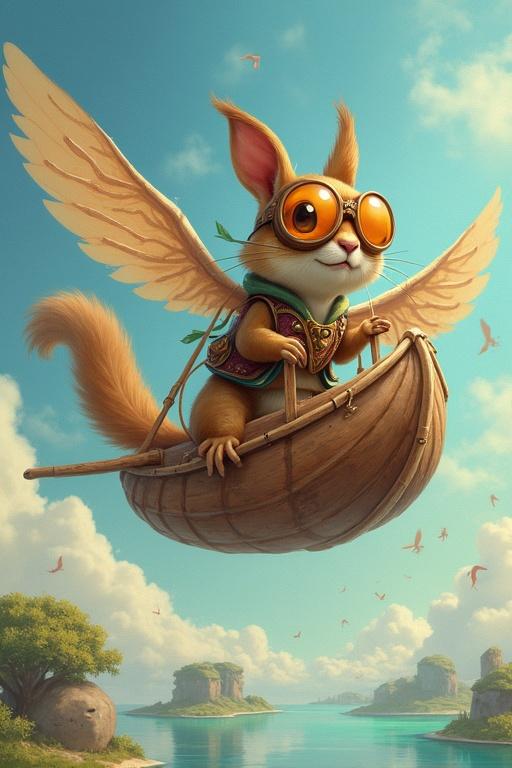 A flying squirrel pilots a walnut shell boat in the sky. The squirrel wears aviator goggles. The ship is made of leaves. The scene has floating islands and colored ribbons as wind currents. Ethereal creatures swim in the air.