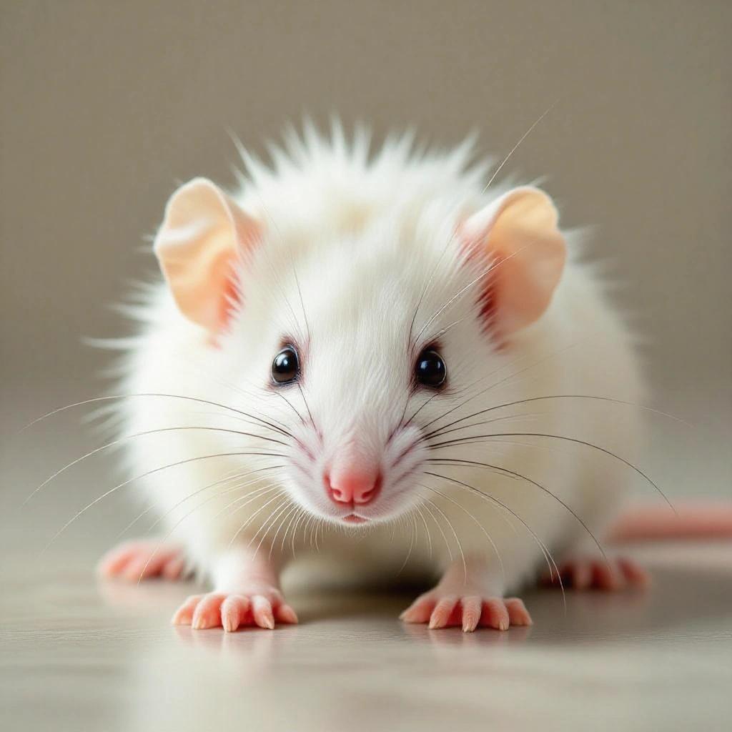 A close-up of a fluffy white rat with pink ears and paws, looking cute and curious