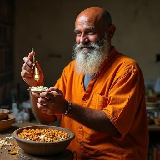 Man smiling and preparing Amrit Ras Achar. He holds a bowl and a measuring spoon. Set in a warm kitchen with ingredients around.