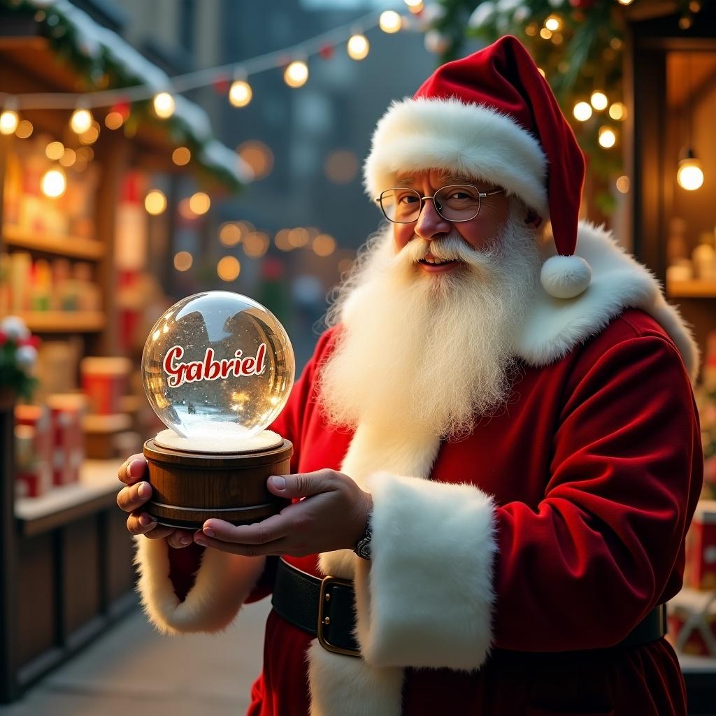 Christmas scene features Santa Claus in red and white suit holding a snow globe. Snow globe contains the name 'Gabriel'. Background shows a toy shop with festive decorations and glowing lights.