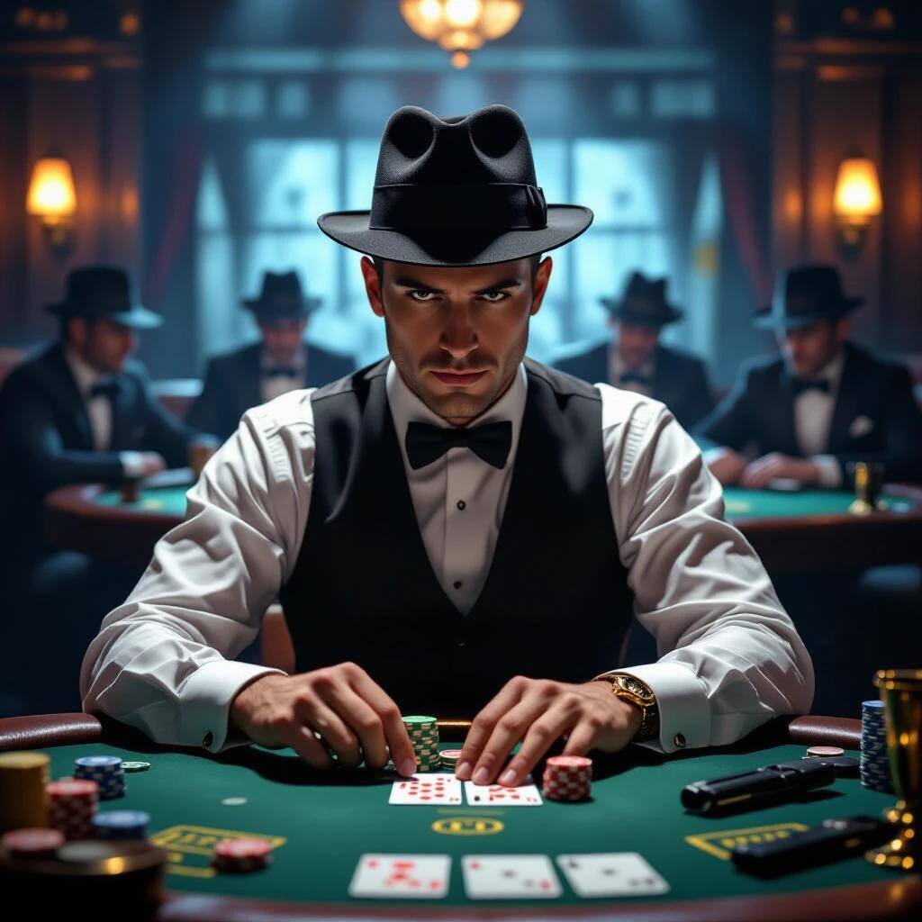 1920s Speakeasy scene featuring a card dealer in a VIP lounge suspicious eyes watching from shadows nearby stacks of chips and hidden weapons realistic ambiance