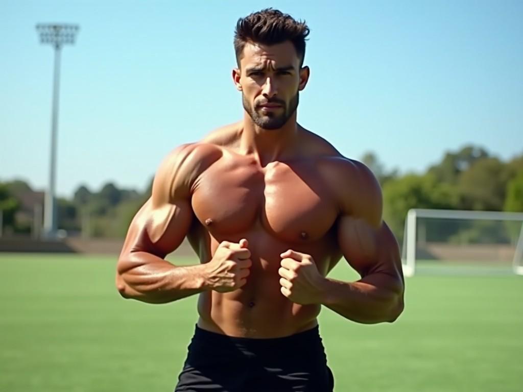 The image depicts a muscular man showcasing his physique on a sunny outdoor sports field. His strong body stands in contrast to the vibrant green grass surrounding him. He poses confidently, highlighting his well-defined muscles. The background features sports goals, suggesting an athletic environment. The lighting enhances the contours and definition of his muscles, making the image dynamic and engaging.