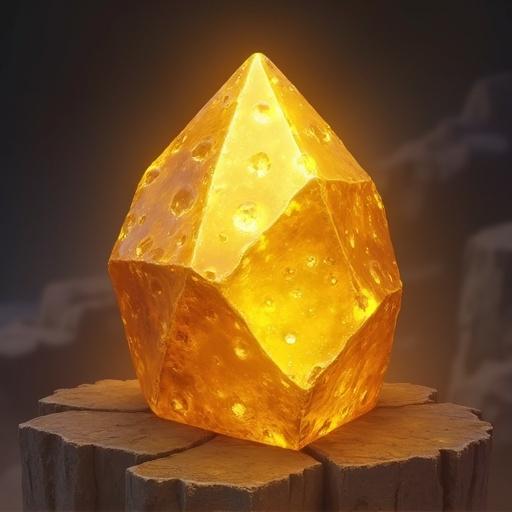 Image depicts a golden stone in a game art style. The stone features a crystalline structure with a shiny surface. It has holes and a warm glow. Transparent background enhances the focus on the stone.