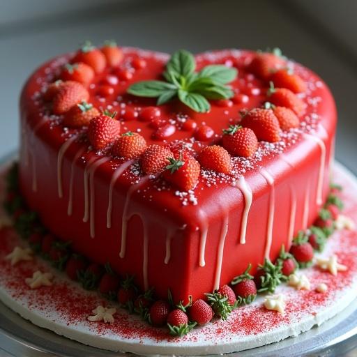A heart-shaped cake with red icing. Cake decorated with strawberries and mint leaves. White drizzle on top. Surrounded by decorative elements.