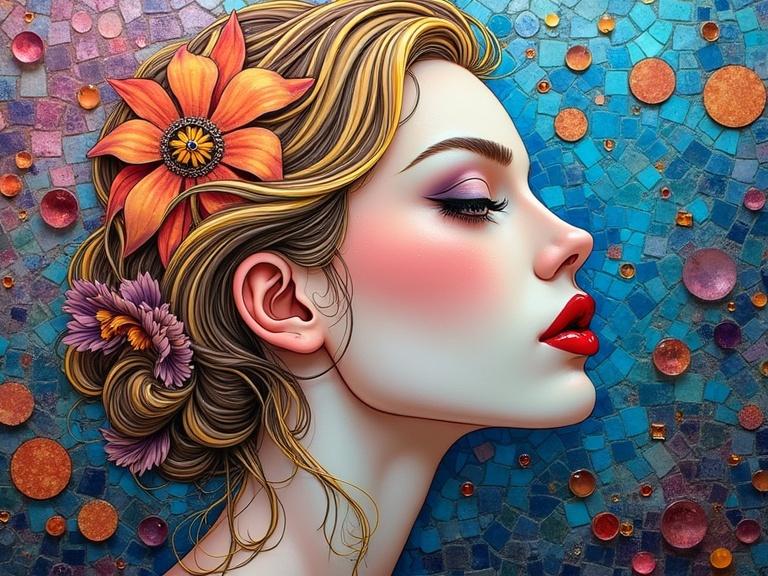 A woman's profile highlighted by iridescent ceramic tile and glass mosaic background. Ethereal and abstract elements resonate within the artwork. The style incorporates encaustic mixed media techniques with vibrant colors.
