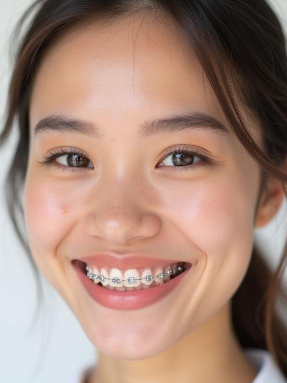 Close-up of a young woman smiling. She has braces. Hair styled neatly. Well-defined brows and subtle makeup. White background highlights her features.