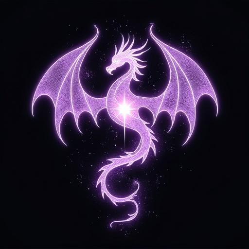 Sacred emblem of a starlight dragon spirit. Fine line art glows with white and violet tones. Centered on charcoal backdrop. Elegant wings and coiling body with constellation elements. Luminous star at its core. Mystical branding symbol with tribal elegance.