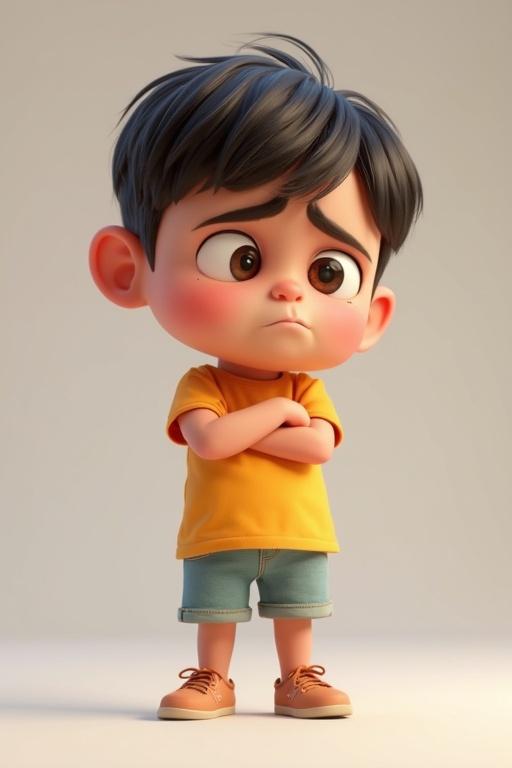 3D animated child character displaying visible sadness with arms crossed. The child features big expressive eyes, a pouty face with furrowed eyebrows. Dressed in colorful casual wear including a t-shirt and shorts. Simple soft lighting and plain background for emphasis. Portrait orientation.