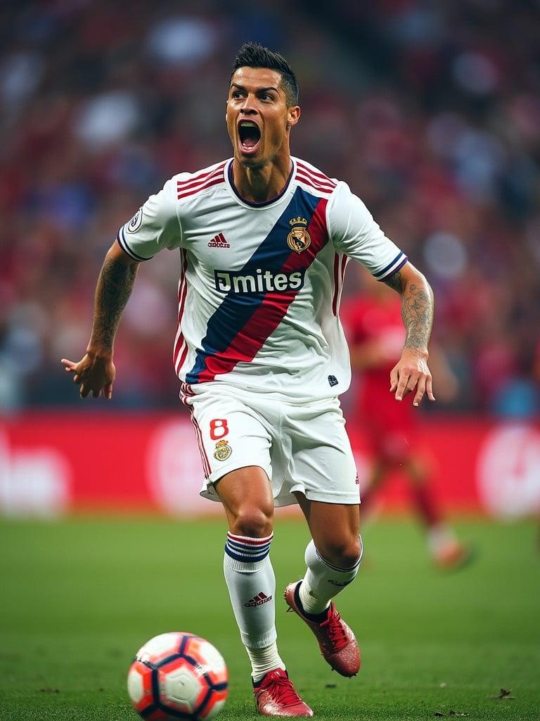 Image depicts male football player in action wearing Real Madrid kit. Player features iconic number 8 and is on the field with a football. Background suggests a vibrant stadium atmosphere. Color scheme matches team colors emphasizing energy.