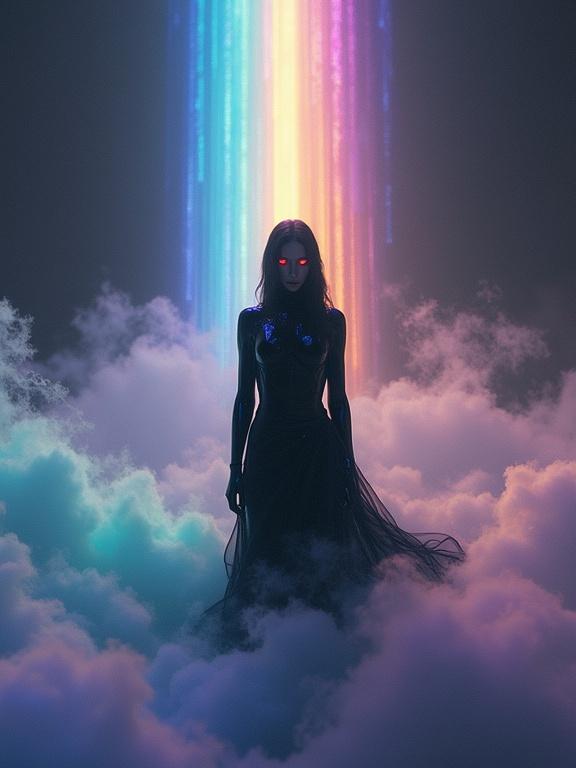 Vivid fantasy art featuring a lone humanoid figure with an obsidian-black synthetic body amidst swirling iridescent mist. Figure has glowing red eyes and is posed regally, partially hidden in rainbow-hued fog. Background displays a vertical rainbow beam of light cutting through the darkness. Low-angle shot focuses on the figure's imposing presence and divine atmosphere.