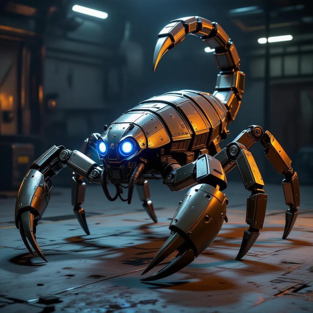 Large mechanical scorpion in realistic 3D style. Blending dieselpunk and modern industrial design. Armored body with bronze and steel plates. Features visible rivets and pistons. Segmented limbs with glowing blue eyes. Intricate joints enhance futuristic yet retro look. Poised on worn metal floor. Raised stinger tail and articulated claws. Menacing power with refined engineering. Cinematic moody lighting highlights textures and depth.